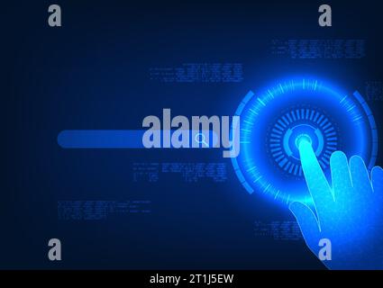 Information search technology Hand pressing a technology circle button with a search box It means searching for information and ideas via the internet Stock Vector