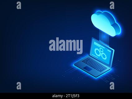 Computer technology linked to the clouds above along with technology circuit It means uploading data through the cloud system via an internet signal. Stock Vector
