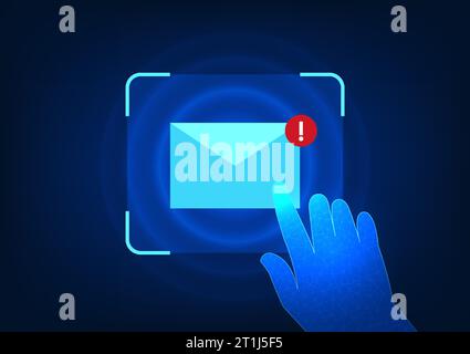 Notification technology Hand pressing envelope icon Refers to receiving an email or electronic letter that is about to be opened and read. Stock Vector