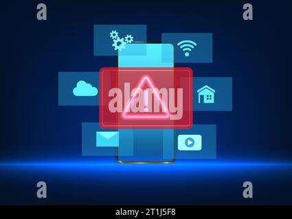 Smartphone technology The screen has an icon with an alert symbol showing the security system of the phone being hacked. Stock Vector