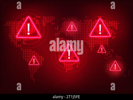 Notification technology A world map with an alert symbol representing a global data transmission warning of a technology malfunction. Stock Vector