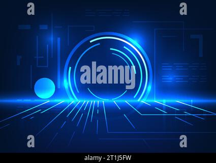 Technology circle On the back is a composition of lines on the floor that form interconnected circuit lines. Concept of a doorway into the virtual wor Stock Vector