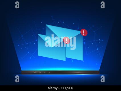 Technology smartphone with envelopes floating on the screen Refers to a mobile phone that has a notification of an email coming into the phone. It's l Stock Vector