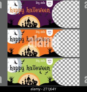 Happy Halloween 2023 Sales Banner Label Design Bat Spooky and Scary Halloween Grave 50% Sales Banner Halloween Stock Vector