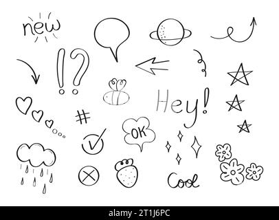 Doodle style collection vector for social net. Sketch underlines, icons, emphasis, speech bubbles. Line elements of heart, arrows, scribble, flower. Stock Vector