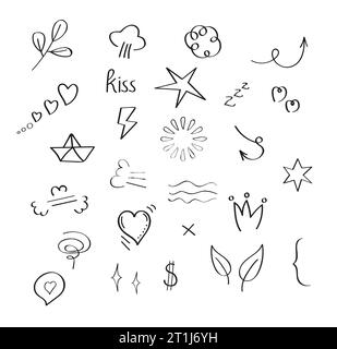 Doodle style collection vector for social net. Sketch underlines, icons, emphasis, speech bubbles. Line elements of heart, arrows, scribble, flower. Stock Vector