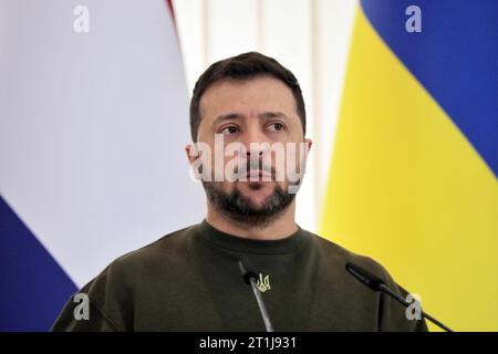 Non Exclusive: ODESA, UKRAINE - OCTOBER 13, 2023 - Ukrainian President Volodymyr Zelenskyy is pictured during a joint press conference with Dutch Prim Stock Photo