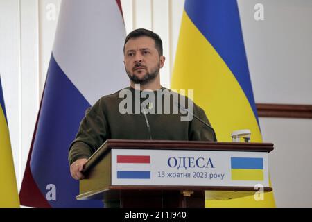 Non Exclusive: ODESA, UKRAINE - OCTOBER 13, 2023 - Ukrainian President Volodymyr Zelenskyy is pictured during a joint press conference with Dutch Prim Stock Photo