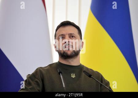 Non Exclusive: ODESA, UKRAINE - OCTOBER 13, 2023 - Ukrainian President Volodymyr Zelenskyy is pictured during a joint press conference with Dutch Prim Stock Photo