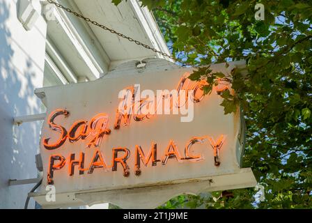 detail image of the red neon sign at the sag harbor pharmacy Stock Photo