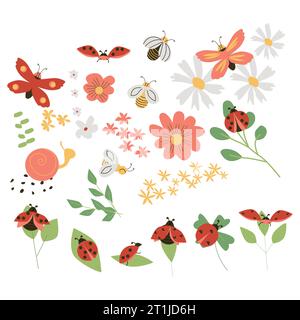 cute animals bug insects and flowers set  Stock Vector