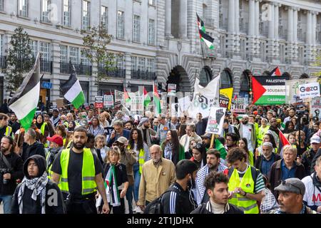 London, UK. 14th Oct, 2023. Tens of thousands of pro-Palestinian demonstrators marched through the streets of London, moving from the BBC towards Trafalgar Square, calling for an end to the siege. Credit: Sinai Noor/Alamy Live News Stock Photo