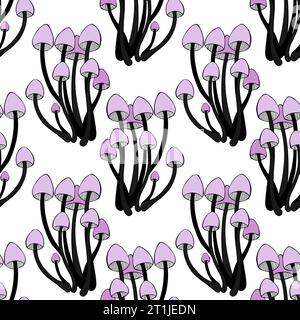 Pattern with unreal fantastic purple pink mushrooms, fairy plants, on white background. Vector illustration Stock Vector