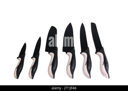 Close up view of set of kitchen knives isolated on white background. Sweden. Stock Photo