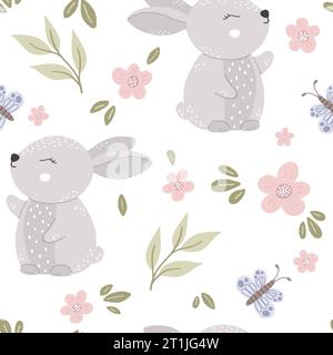 Cute rabbit pattern. Seamless background with funny baby animal. Repeating print with lovely character. Stock Vector