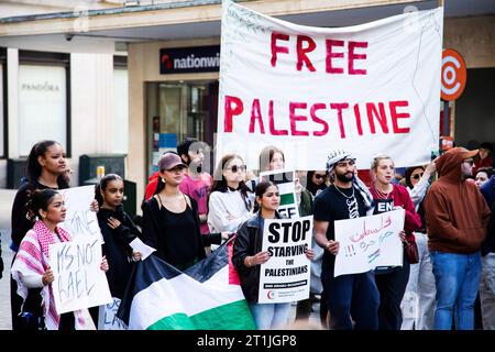 Free Palestine protest Exeter city centre - group of protestors hold signage Stock Photo