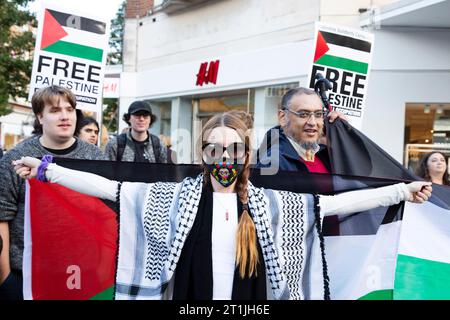 Free Palestine protest Exeter city centre - white Caucasian lady holding arms out with large Palestinian flag and Free Palestine signs behind her Stock Photo