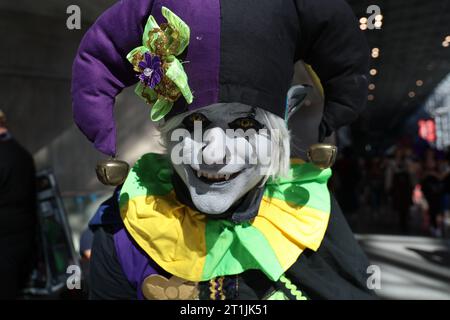 A man shows off his creepy Harlequin makeup for New York Comic Con 2023 at the Jacob Javits Center on October 12, 2023 in New York City. (Photo: Gordon Donovan) Stock Photo