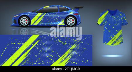 Race design. Sport vehicle. Print pattern. Auto mockup with flames. T-shirt textile. Bright stripes and dots. Automobile stickers. Rally speed drive. Stock Vector