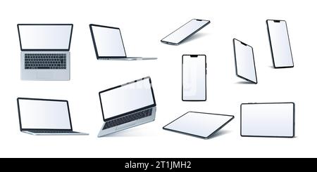 Laptop, tablet and smartphone mockup. 3d PC and mobile phone in perspective side, blank website on isometric empty screen, desktop monitor isolated el Stock Vector