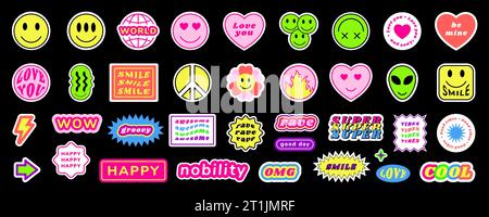 Y2K stickers. Cute smile icons. Retro emoji elements. 90s cool groovy flower. Trendy fire symbol. Love heart. Alien smiley. Rave vibes. Awesome and ha Stock Vector