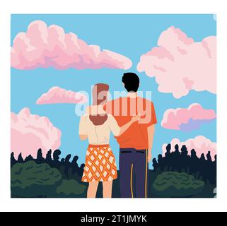 People looking forward. Couple admiring nature landscape. Man and woman hugging. Summer vacation. Admiration of scenic forest and meadow. Sunset cloud Stock Vector