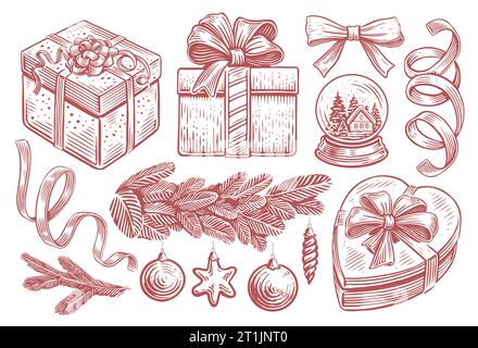 Set of hand drawn retro items for the Christmas holiday. Hand drawn vintage sketch vector illustration Stock Vector