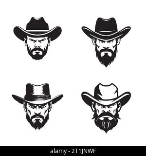 Cowboy emblems set silhouette hand drawn. icons and signs , vector illustration Stock Vector