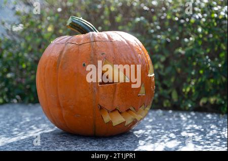 Self-carved pumpkin with aggressive and scary face as decoration for Halloween time Stock Photo
