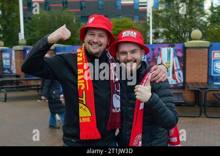 Rugby League fans outside the stadium ahead of the Betfred Super League Grand Final match Wigan Warriors vs Catalans Dragons at Old Trafford, Manchester, United Kingdom, 14th October 2023 (Photo by Craig Cresswell/News Images) Stock Photo