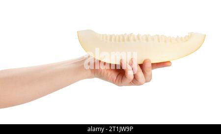 sliced melon in hand path isolated on white Stock Photo