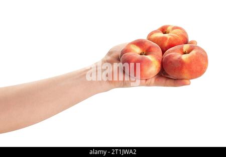 flat peach in hand path isolated on white Stock Photo