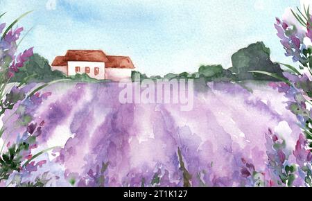 Watercolor abstract illustration of a lavender field. Delicate lilac hand drawn horizontal banner Stock Photo