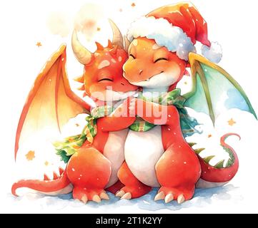 Christmas cute little 2 dragons hugging in watercolor style on white background Stock Vector