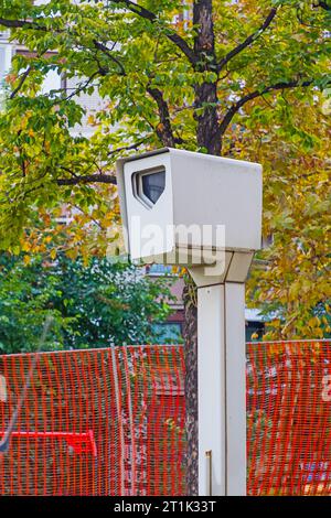 Traffic speed cctv surveillance security camera on a pole outside in city street Stock Photo
