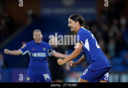 Chelsea’s Sam Kerr celebrates scoring their side's first goal of the game during the Barclays Women's Super League match at Kingsmeadow, London. Picture date: Saturday October 14, 2023. Stock Photo