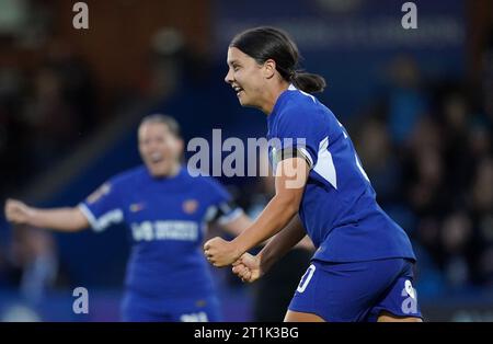 Chelsea’s Sam Kerr celebrates scoring their side's first goal of the game during the Barclays Women's Super League match at Kingsmeadow, London. Picture date: Saturday October 14, 2023. Stock Photo