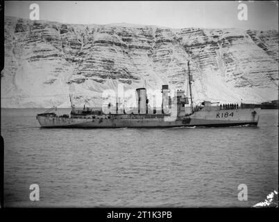 The Royal Navy during the Second World War HMS ABELIA, Flower class corvette at Hvalfjord, Iceland after a patrol in the North Atlantic in seach of the German battleship TIRPITZ. Stock Photo