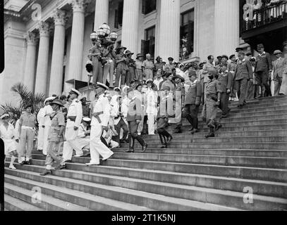 Japanese Surrender at Singapore, 12 September 1945 The Japanese delegation leaves the building after the surrender ceremony. Stock Photo