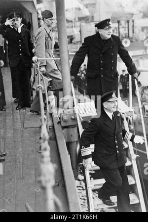 Mr Winston Churchill and Sir Stafford Cripps Visit the Home Fleet at Scapa Flow. 9-11 October 1942. The Prime Minister leaving HMS RENOWN. Stock Photo