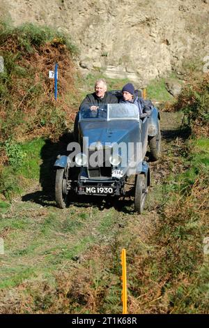 Badlands Farm, Kinnerton, Powys, Wales, UK – Saturday 14th October 2023 – Competitors drive a MG 'M' Type ( built 1929 ) over the difficult off road course of the Vintage Sports Car Club ( VSCC ) Welsh Trial in glorious autumn sunshine in Mid Wales. Photo Steven May / Alamy Live News Stock Photo