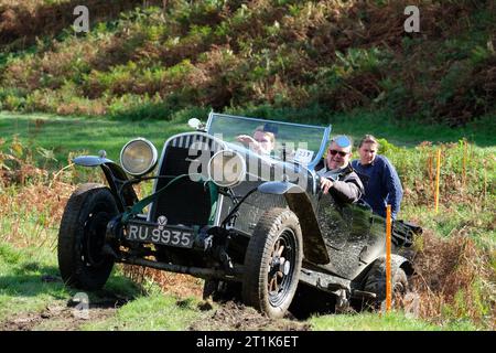 Badlands Farm, Kinnerton, Powys, Wales, UK – Saturday 14th October 2023 – Competitors drive a Chrysler 75 ( built 1929 ) over the difficult off road course of the Vintage Sports Car Club ( VSCC ) Welsh Trials in glorious autumn sunshine in Mid Wales. Photo Steven May / Alamy Live News Stock Photo