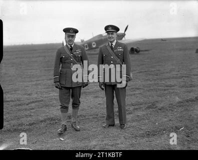 Royal Air Force- France, 1939-1940. Air Officer Commander-in-Chief Air Marshal A S Barratt, Air Officer Commanding British Air Forces in France and Air Vice-Marshal P H L Playfair, Air Officer Commanding the Advanced Air Striking Force, photographed together for the first time while inspecting No. 73 Squadron RAF at Rouvres. Stock Photo