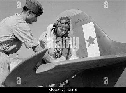 Royal Air Force- Italy,the Balkans and South-east Europe, 1942-1945. Watched by his rigger (left), a pilot of No. 352 Squadron, the first operational Yugoslav unit in the RAF, signs the aircraft serviceability form for his Supermarine Spitfire Mark VC on the tailplane of the aircraft, before taking off on the unit's first operation. Note the Yugoslav national marking, consisting of a red star superimposed on the white portion of RAF tail stripe. Stock Photo