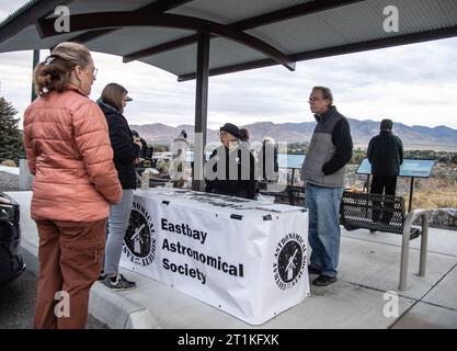 Winnemucca, United States. 14th Oct, 2023. The East Bay Astronomical Society mans a table at annular eclipse ijn Winnemucca, Nevada on October 14, 2023. Heavy cloud cover limited the visibility of the eveny. Photo by Terry Schmitt/UPI Credit: UPI/Alamy Live News Stock Photo