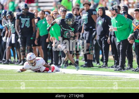 October 14, 2023:.North Texas Mean Green wide receiver Ja'Mori Maclin (9) runs past Temple Owls cornerback Jalen McMurray (7) during the first quarter of the NCAA Football game between the Temple Owls and the North Texas Mean Green at DATCU Stadium in Denton, OK. Ron Lane/CSM Stock Photo