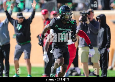 October 14, 2023:.North Texas Mean Green wide receiver Ja'Mori Maclin (9) scores a touchdown during the first quarter of the NCAA Football game between the Temple Owls and the North Texas Mean Green at DATCU Stadium in Denton, OK. Ron Lane/CSM Stock Photo