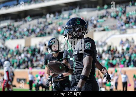 October 14, 2023:.North Texas Mean Green wide receiver Ja'Mori Maclin (9) celebrates a touchdown catch during the first quarter of the NCAA Football game between the Temple Owls and the North Texas Mean Green at DATCU Stadium in Denton, OK. Ron Lane/CSM Stock Photo