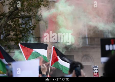 London, UK. 14th Oct, 2023. London protest: Thousands attend pro-Palestinian march amid escalating Israel-Hamas war smoke flare credit: Ian Davidson/Alamy Live News Stock Photo