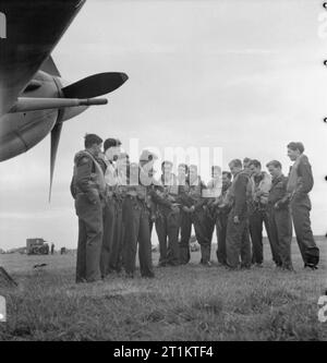 Americans in Britain- the work of No 121 (eagle) Squadron RAF, Rochford, Essex, August 1942 Flying Officer J M Osborne shares his experience of a 'dog fight' with his Commanding Officer, Squadron Leader W B Williams DFC and other members of the Eagle Squadron, following a fighter sweep. Left to right, they are: Flight Sergeant Bill Kelly, Flight Sergeant Sanders, Pilot Officer Don A Young, Flying Officer J M Osborne, Squadron Leader W B Williams DFC, Pilot Officer Cadman Padget, three unidentified personnel, Pilot Officer F R Boyles, Flight Lieutenant Seldon R Edner (just visible), Flight Lieu Stock Photo